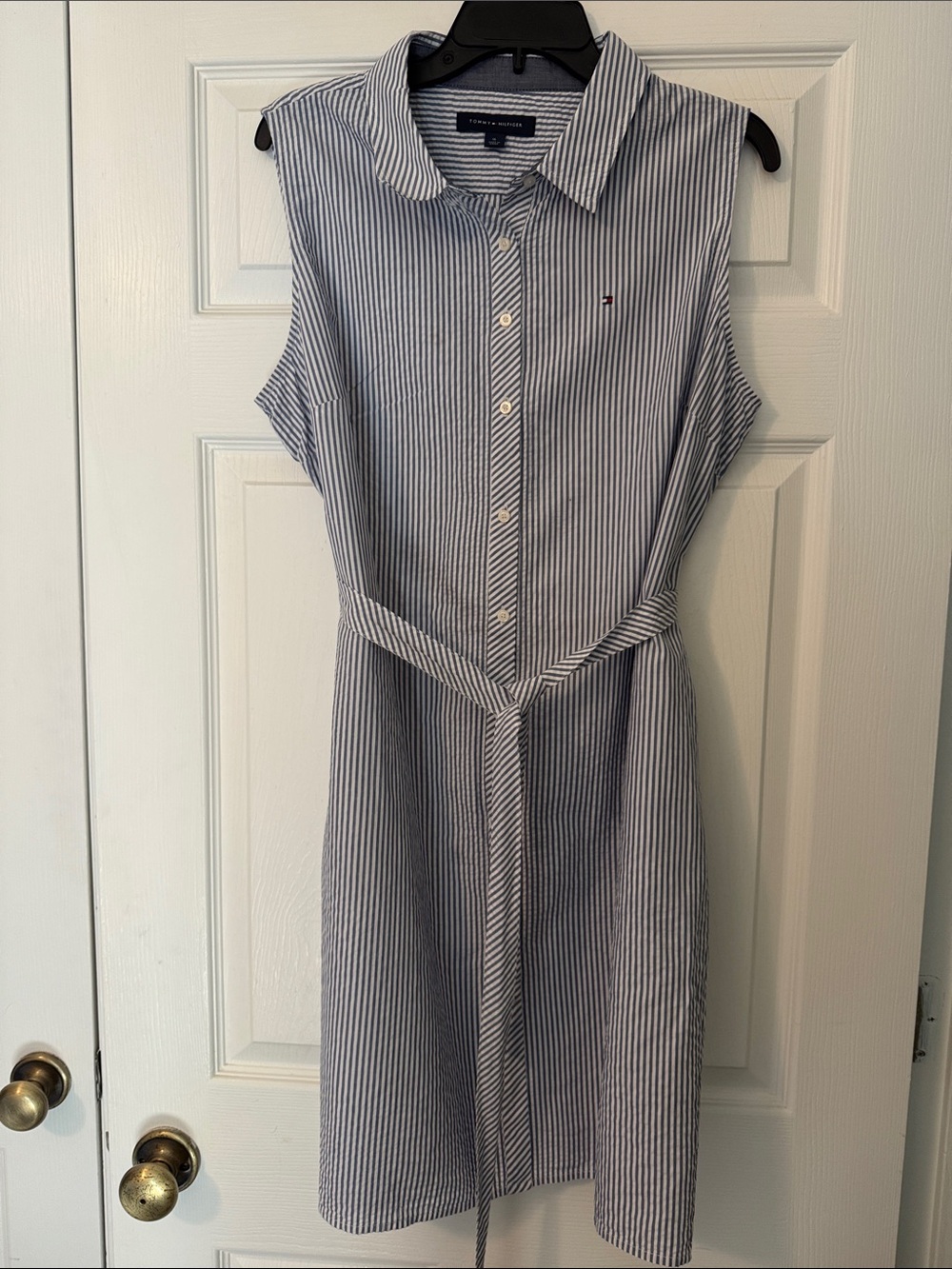Tommy Hilfiger Navy and White Striped Sleeveless Shirt Dress with Tie Waist